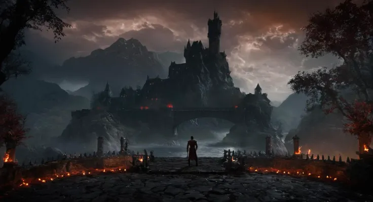 cinematic film still of  <lora:Mortal Kombat style:1>
Mortal Kombat style, fictional universe consisting of numerous realms, a castle in the middle of a forest with a fire and sparkling red thunder bolts,outdoors,sky,cloud,water,tree,no humans,night,cloudy sky,grass,fire,letterboxed,scenery,rain,bridge,tower , Live-action, white sclera eyes, muscular, fitness, fighters, Action-adventure, brutal and gruesome, Mortal Kombat style, mk style, shallow depth of field, vignette, highly detailed, high budget, bokeh, cinemascope, moody, epic, gorgeous, film grain, grainy