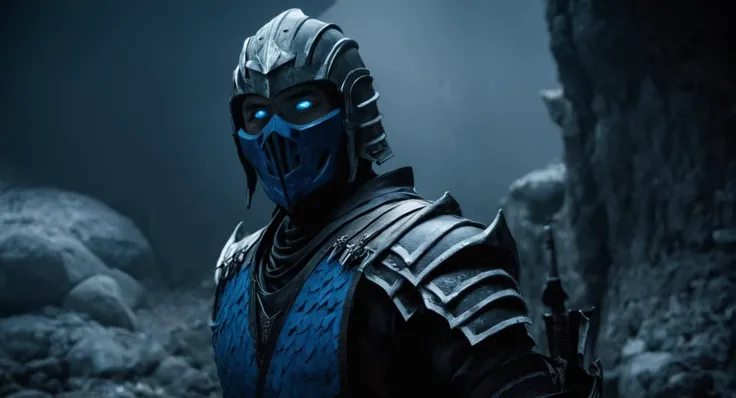cinematic film still of <lora:Mortal Kombat style:1>
Mortal Kombat style, fictional universe consisting of numerous realms, a knight templar man in a dark cave with a sword and dark metalic templar knight armor,blue winter tone,solo,1boy,holding,standing,weapon,male focus,sword,holding weapon,armor,glowing,holding sword,helmet,shoulder armor,pauldrons,japanese armor,full armor,statue,helm,kabuto (helmet) , Live-action, white sclera eyes, muscular, fitness, fighters, Action-adventure, brutal and gruesome, Mortal Kombat style, mk style, shallow depth of field, vignette, highly detailed, high budget, bokeh, cinemascope, moody, epic, gorgeous, film grain, grainy