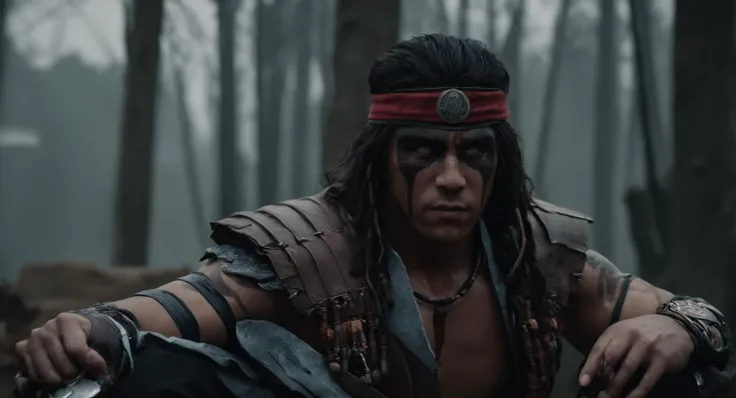 cinematic film still of <lora:Mortal Kombat style:1>
Mortal Kombat style, fictional universe consisting of numerous realms, Nightwolf,native American,Matoka shaman,warrior-shaman,wisdom,a man in a costume sitting on a bench,solo,gloves,1boy,male focus,armor,kneeling,blood,tattoo,muscular,abs,facepaint,dreadlocks , Live-action, white sclera eyes, muscular, fitness, fighters, Action-adventure, brutal and gruesome, Mortal Kombat style, mk style, shallow depth of field, vignette, highly detailed, high budget, bokeh, cinemascope, moody, epic, gorgeous, film grain, grainy