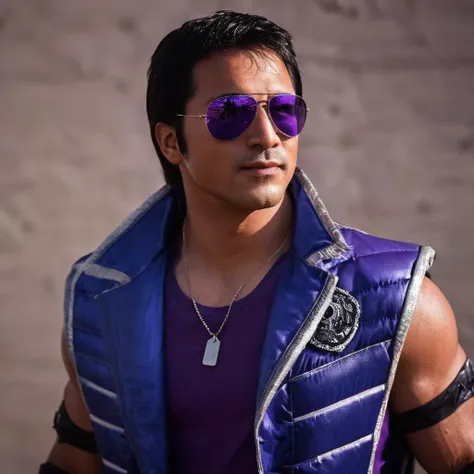 cinematic film still of  <lora:Mortal Kombat style:1>
Mortal Kombat style, fictional universe consisting of numerous realms, Johnny Cage,martial arts movie star from Hollywood,California,black sunglasses,Cocksure and self-absorbed,glamorous Hollywood celebrity,a man with a purple jacket and purple sunglasses,solo,smile,black hair,1boy,white background,jacket,upper body,male focus,earrings,open clothes,dark skin,open jacket,tattoo,facial hair,scar,bandages,crossed arms,sunglasses,dark-skinned male,blue jacket,realistic,stubble,aviator sunglasses , Live-action, white sclera eyes, muscular, fitness, fighters, Action-adventure, brutal and gruesome, Mortal Kombat style, mk style, shallow depth of field, vignette, highly detailed, high budget, bokeh, cinemascope, moody, epic, gorgeous, film grain, grainy