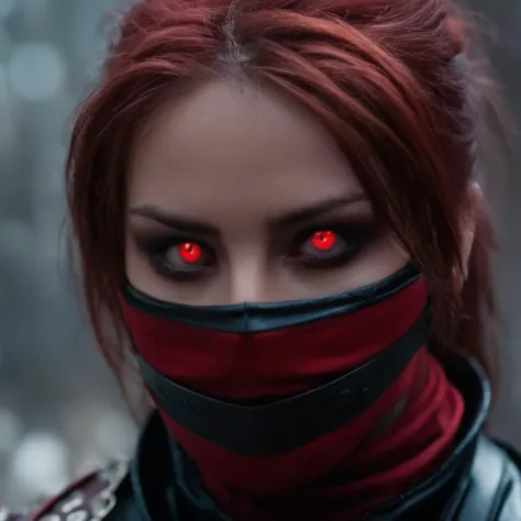 cinematic film still of <lora:Mortal Kombat style:1>
closeup, Mortal Kombat style, fictional universe consisting of numerous realms, Skarlet,red outfit,blood-based magic,palette-swap,red hair,a woman with a red mask and a red face,1girl,solo,looking at viewer,scarf,hair over one eye,blurry,mask,realistic,mouth mask,ninja , Live-action, white sclera eyes, muscular, fitness, fighters, Action-adventure, brutal and gruesome, Mortal Kombat style, mk style, shallow depth of field, vignette, highly detailed, high budget, bokeh, cinemascope, moody, epic, gorgeous, film grain, grainy