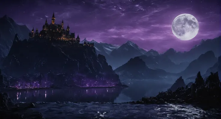 cinematic film still of  <lora:Mortal Kombat style:1>
Mortal Kombat style, fictional universe consisting of numerous realms, a mountain with a castle on top of it in front of ocean,purple night,outdoors,sky,water,no humans,night,moon,building,star (sky),night sky,scenery,starry sky,mountain,architecture , Live-action, white sclera eyes, muscular, fitness, fighters, Action-adventure, brutal and gruesome, Mortal Kombat style, mk style, shallow depth of field, vignette, highly detailed, high budget, bokeh, cinemascope, moody, epic, gorgeous, film grain, grainy
