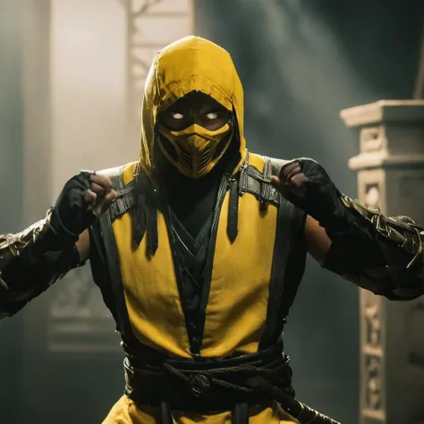 cinematic film still of <lora:Mortal Kombat style:1>
Mortal Kombat style, fictional universe consisting of numerous realms, Scorpion,yellow golden outfit,wraith,Hanzo Hasashi,white sclera,a man in a yellow outfit holding a sword,solo,1boy,weapon,male focus,sword,hood,mask,glowing,chain,katana,fire,glowing eyes,ninja,white eyes , Live-action, white sclera eyes, muscular, fitness, fighters, Action-adventure, brutal and gruesome, Mortal Kombat style, mk style, shallow depth of field, vignette, highly detailed, high budget, bokeh, cinemascope, moody, epic, gorgeous, film grain, grainy