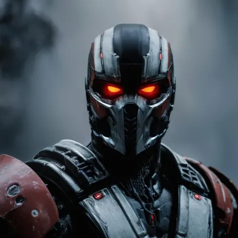 cinematic film still of <lora:Mortal Kombat style:1>
closeup, Mortal Kombat style, fictional universe consisting of numerous realms, Sektor,red cyborg,LK-9T9,a robot with glowing eyes and a mohawk,solo,from side,no humans,sparkle,glowing,robot,mecha,glowing eyes,science fiction,glowing eye , Live-action, white sclera eyes, muscular, fitness, fighters, Action-adventure, brutal and gruesome, Mortal Kombat style, mk style, shallow depth of field, vignette, highly detailed, high budget, bokeh, cinemascope, moody, epic, gorgeous, film grain, grainy