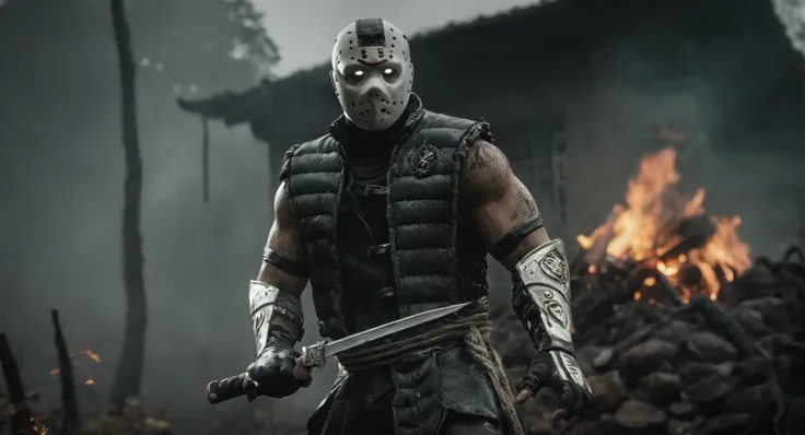 cinematic film still of  <lora:Mortal Kombat style:1>
Mortal Kombat style, fictional universe consisting of numerous realms, jason voorhees a man with a machete standing in front of a fire,solo,shirt,gloves,1boy,holding,jacket, flying ashes, weapon,male focus,pants,holding weapon,blood,mask,knife,holding knife,blood on weapon,embers , Live-action, white sclera eyes, muscular, fitness, fighters, Action-adventure, brutal and gruesome, Mortal Kombat style, mk style, shallow depth of field, vignette, highly detailed, high budget, bokeh, cinemascope, moody, epic, gorgeous, film grain, grainy