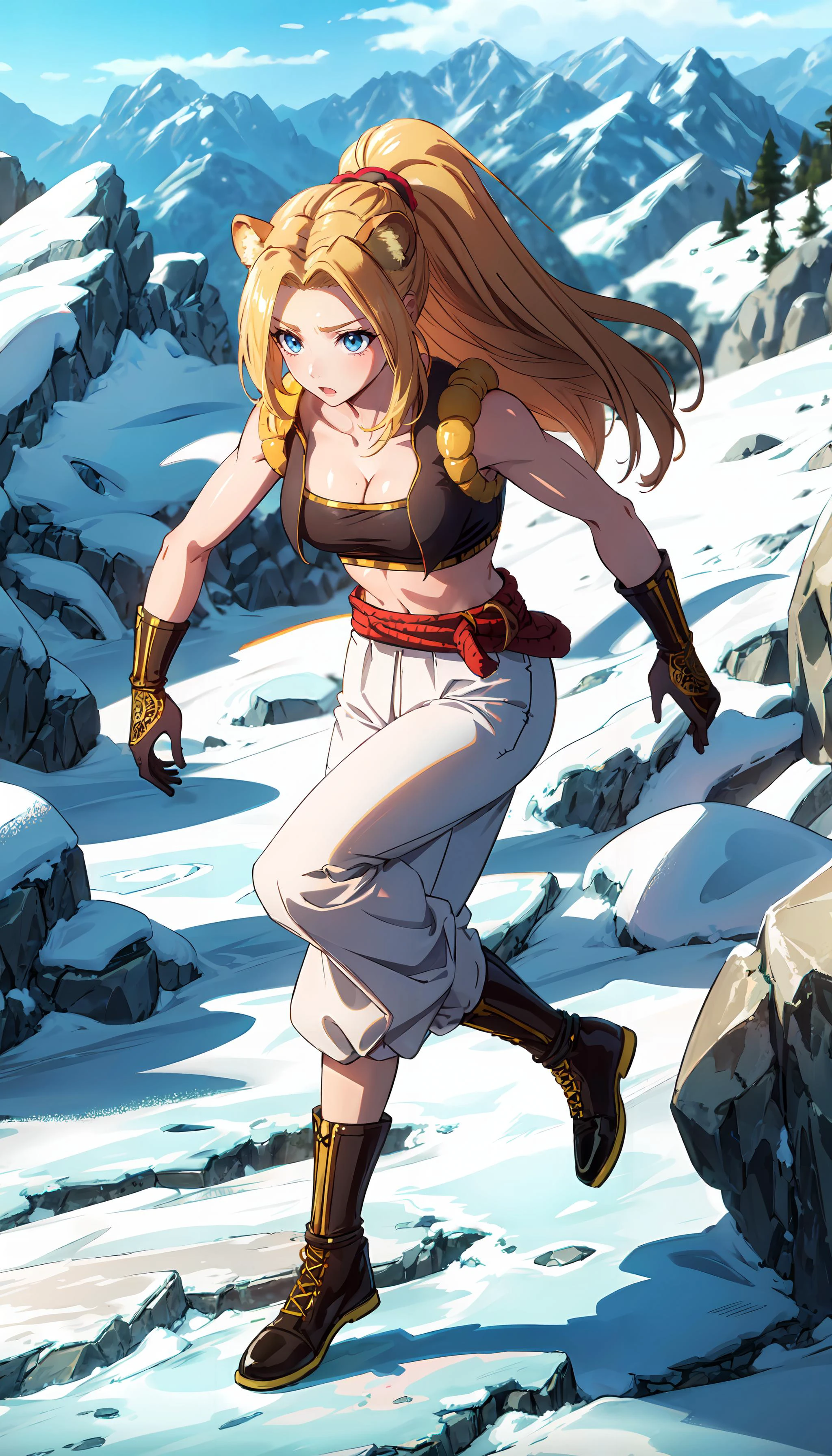 photorealistic, (4k), depth of field, (Masterpiece), (realistic skin texture), extremely detailed, intricate, hyper detailed, professional photography, bokeh, high resolution, sharp detail, best quality, girl, <lora:GoodHands-beta2:0.8> , <lora:detail_slider_v4:0.8> , dynamic pose, <lora:Raphtalia:0.5> raccoon girl, raccoon ears, animal ears, long hair, brown hair, ribbon, <lora:Beatrix Amerhauser:0.5> long hair, ponytail, blue eyes, <lora:MetamorianJacket:0.7> , metamoran vest, white pants, blue belt, black shoes, black wristbands, Black sports bra, crop top, mountains, rocky mountains, rocks, mountainous horizon, clouds, clouds piercing mountaintops,