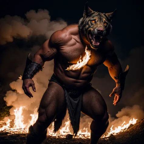 ((best quality)), ((masterpiece)), ((ultra realistic)), ((night)), (dynamic action pose), full body, RAW, Analog, intricately detailed moist pig headed humanoid male monster wearing a loin cloth, fat body, flabby, ((bald)), (leather armor)) sweaty, sharp teeth, (((snarling))), cavernous eyes, ((in a burning tavern)), (diffuse smoke), ((destruction)), professional, masterpiece, cinematic lighting, photographed on a Canon EOS R5, 50mm lens, F/2.8, HDR, 8k resolution, highres, high detail, sharp focus, smooth, roughness, real life, photorealism, photography,cinematic Film still from (cannibal holocaust:0.3)|Scary Stories To Tell In the Dark|(doom:0.5)|the void