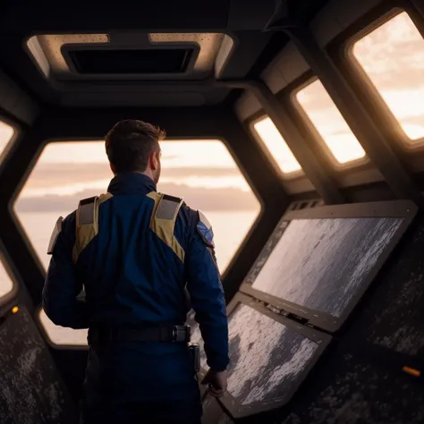 ((best quality)), ((masterpiece)), ((inked)), majestic intricately detailed soft oil painting by jim lee, 1man, a handsome starship captain, (Henry Cavill:0.7)|Hugh Jackman|Russell Crowe, well fitting futuristic space commander uniform, stubble, on the bridge of an advanced space faring war ship, high tech computers,, crew in the background, film grain, soft edge lighting, photographed on a Canon EOS R5, 50mm lens, F/2.8, HDR, professional, backlit, high contrast, (deep shadows:1.5), warm vibrant colors, lens flare, cinematic Film still from the expanse|(mass effect:0.6)|star trek