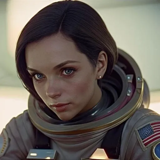 a woman in a spacesuit, stunningly beautiful, cute face, 2001, masterpiece, highly detailed, sharp focus, cinematic, stunningly beautiful <lora:2001_v4:1>