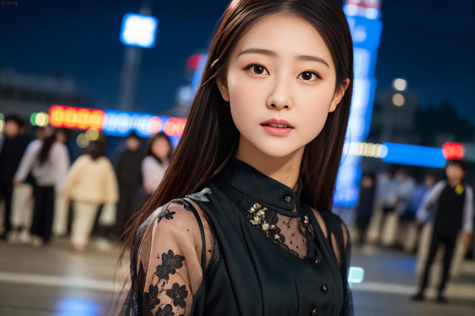 Araffe asian woman with long hair and black dress standing in a city ...