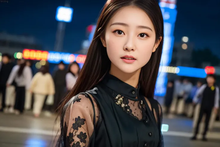 masterpiece,realistic, 4k, detailed, a close up of <lora:WDY4k4:1> modeling in street of seul in the night, highly detailed face, f2.8,denoise, dof, full body, elegant black clothes, blur background, bangs, long hair,