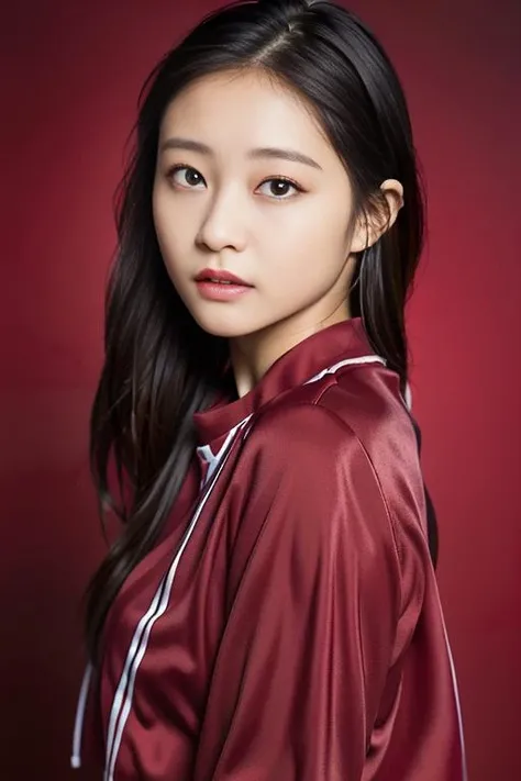 (best quality,masterpiece:1.2),1girl,8k,ultra high res,ultra detailed,best quality,looking at viewer,perfect lighting,flat light,ultra high quality,ultra high res,masterpiece,photorealistic,detailed face,(simple background),(maroon background), <lora:WDY4k4:1>