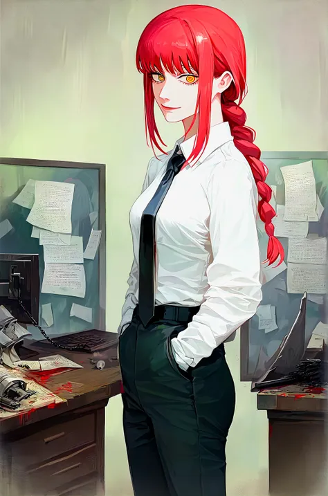 makima, 1girl, solo, makima_(chainsaw_man), makima, uniform, pants, white shirt, tie, smile, confident smile, standing, hands in pockets, controlling devils, office, desk, chainsawman, worm's_eye_view low_angle close_up,breast_focus<lora:makima:0.8>