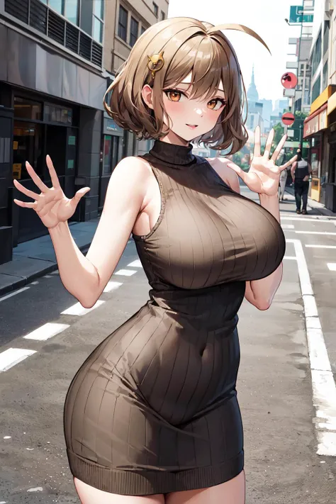Very detailed, beautiful, Highest quality, detailed beautiful round eyes, beautiful detailed face, Whole Body Ezbian, 1 female, Bob Hair, (Random color hair, Golden mesh), Big eyes, Random color eyes, Long eyelashes, Thick mascara, Dark eyeliner, Large Breasts, Toned thighs, 40 years old, (Turtleneck tight dress), Perfect Face, Perfect body, Sexy pose, (Charming smile), Random Location, nature, (Background Asahi), (alone), ((masterpiece, Highest quality, High resolution, Pixel perfect, 8k,))