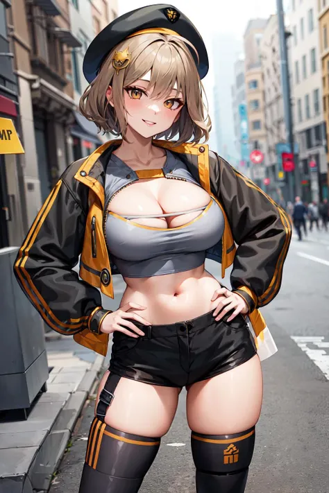 masterpiece, best quality, highres, hmanis, short hair, ahoge, hat, beret, hair ornament, cleavage, grey shirt, crop top, black jacket, open jacket, long sleeves, black shorts, short shorts, black thighhighs, knee pads, <lora:anis_(nikke)_v1:0.7>, smile, street, hand on hip, standing, cowboy shot