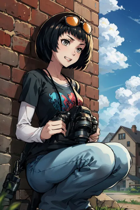 masterpiece, best quality,  <lora:CHAR-OhyaIchiko:1> OhyaIchiko, short hair, bob cut, eyewear on head, black t-shirt, layered sleeves, jeans, wall, brick wall, crouching, furrowed brow, grin, from above, camera, holding camera, sky, clouds, outdoors