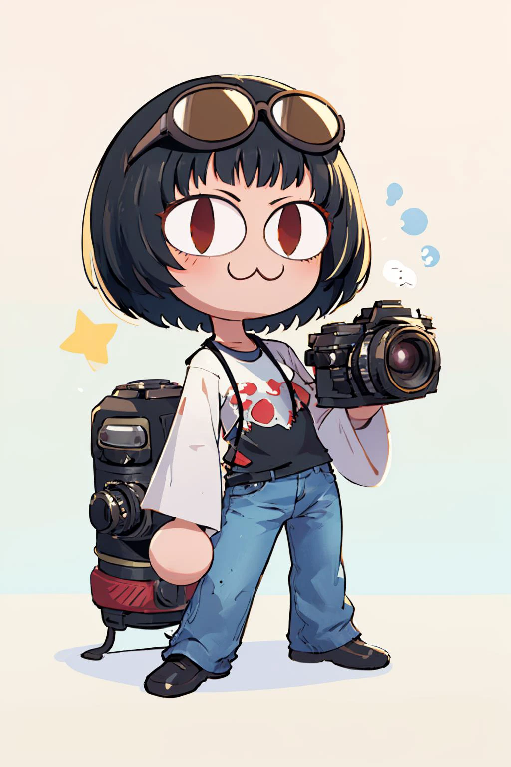 (masterpiece, best quality:1.2), chibi, solo, 1girl, necoarc, OhyaIchiko, :3, short hair, bob cut, eyewear on head, slit pupils, black t-shirt, layered sleeves, jeans, camera <lora:necoarc:1> <lora:OhyaIchiko:0.9>