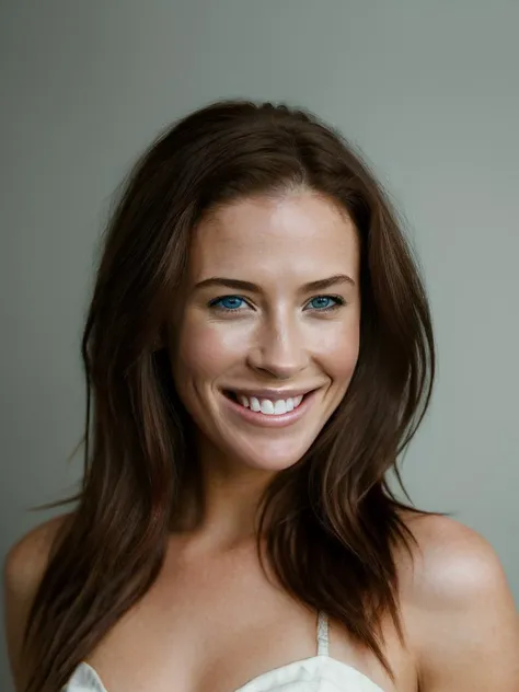 Realistic photo of a beautiful br1dg3tr woman,1girl,solo,long hair,looking at viewer,smile,blue eyes,simple background,brown hair,teeth,grin,lips,portrait,realistic, soft lighting, professional Photography, Photorealistic, detailed, RAW, analog, sharp focus, 8k, HD, high quality, masterpiece<lora:br1dg3tr:1.0>
