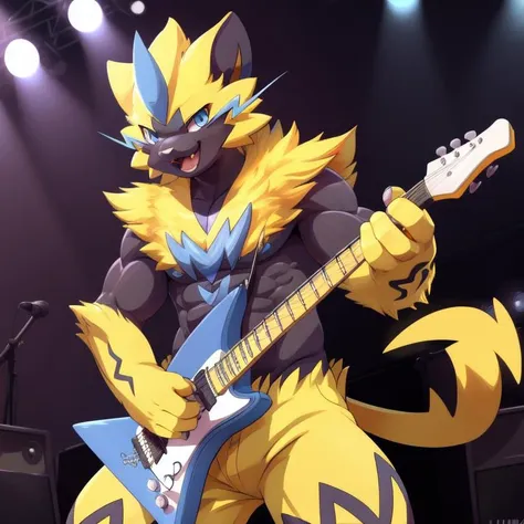 solo,(zeraora, pokemon ), male, ( muscular), happy, open mouth , concert, playing electric guitar, (soft shading),(digital flat colors), 4k,hi res , UHD, ( detailed illustration),  masterpiece,      <lora:ZeraoraFRL27nO:1>