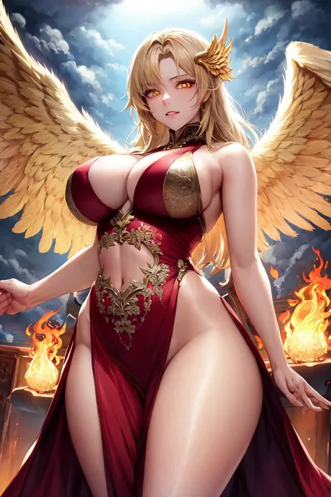 masterpiece, best quality, intricate detail, mature female, holy, angel, large breasts, blonde hair, glowing eyes, gold eyes, narrow waist, perfect female body, sfw, detail background, place, heaven, above cloud,
fantasy, sexy, standing, looking at viewer, from below, large wings, feathered wings, gold, flame, dress, back light,