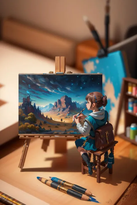 ,(best quality:1.2),8k,absurdres,unity 8k wallpapper,(extremely detailed:1.3),highestres
,(miniature:1.2),(1girl:1.3),full body,easel,painting,pen,brush,color palette,holding,sitting,looking away,<lyco:miniature-10:1>, blurry background, tilt_shift,(drawing:1.3),