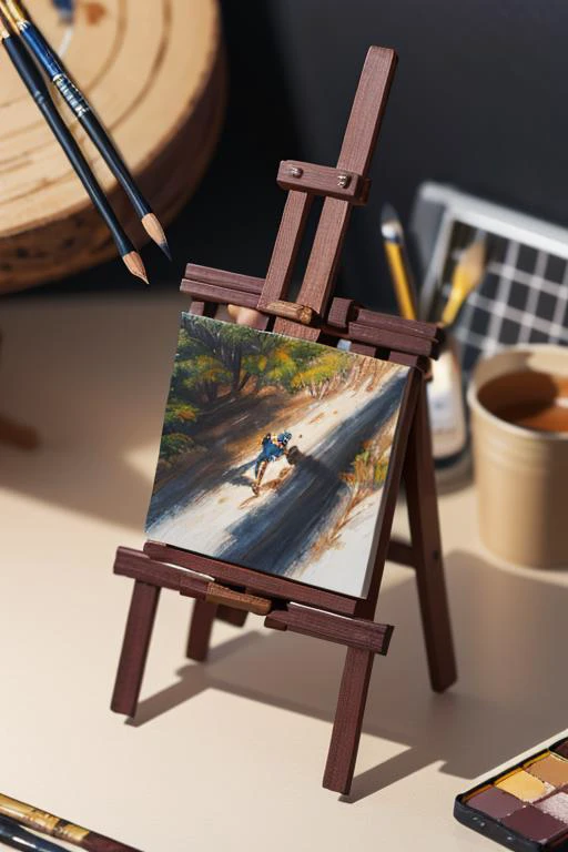 ,(best quality:1.2),8k,absurdres,unity 8k wallpapper,(extremely detailed:1.3),highestres
,(miniature:1.2),(1girl:1.3),full body,easel,painting,pen,brush,color palette,holding,sitting,looking away,<lyco:miniature-10:1>,