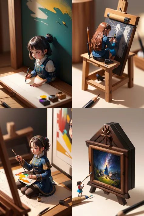 ,(best quality:1.2),8k,absurdres,unity 8k wallpapper,(extremely detailed:1.3),highestres
,(miniature:1.2),(1girl:1.3),full body,easel,painting,pen,brush,color palette,holding,sitting,looking away,<lyco:miniatureV2-12:1>, blurry background, tilt_shift,(drawing:1.3),