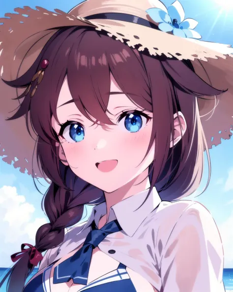 (masterpiece), (best quality), (ultra-detailed), photorealistic, (best illustration), (an extremely delicate and beautiful), 1girl, detailed scenery, beach, blue sky, sunlight, finely detailed iris, detailed eyes, single braid, red ribbon, hair ornament, blue eyes, kcshigurek3su, crop top, collared shirt, white shirt, (black necktie:0.8), hair flaps, hair over shoulder, straw hat, hat flower, portrait, close-up, (bikini under clothes:0.7), see-through, bikini top, :d, hair ribbon,
<lora:shigurek3su_nai_5-51:0.9>