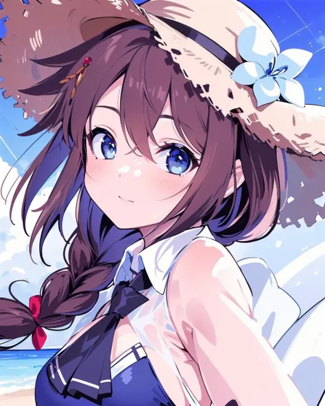 (masterpiece), (best quality), (ultra-detailed), photorealistic, (best illustration), (an extremely delicate and beautiful), 1girl, detailed scenery, beach, blue sky, sunlight, finely detailed iris, detailed eyes, single braid, red ribbon, hair ornament, blue eyes, kcshigurek3sucrop top, collared shirt, white shirt, short sleeves, black necktie, hair flaps, hair over shoulder, straw hat, hat flower, portrait, close-up, (bikini under clothes:0.7), strap, see-through
<lora:shigurek3su_nai_5-51:1:1:lbw=INS_MIDD>