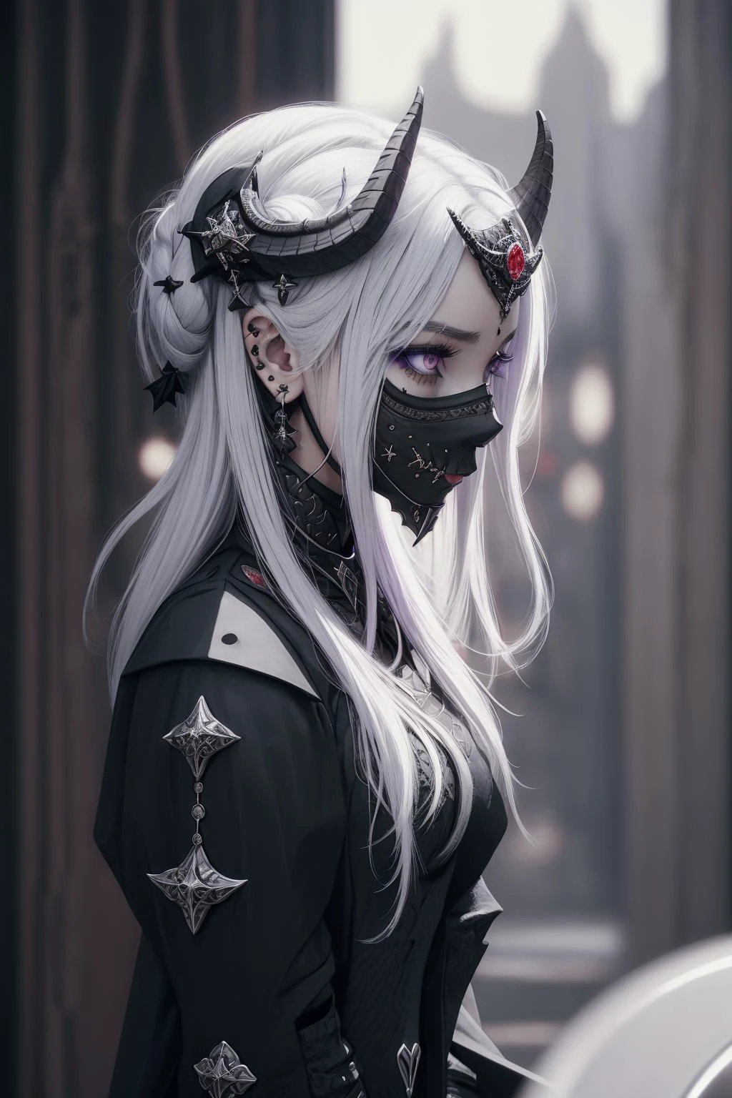 <lora:edelgard-nvwls-v1-final:0.9> 1girl, solo, edelgard_timeskip, crown, horns, red dress, red gloves, black boots, white hair, (pale purple irises, perfect eyes, pupils)
(upper body portrait, side portrait, serious expression, standing, perfect posture, dark, solemn, poised posture) stark, black catherdral, stoic, pale), cinematic, dlsr, sharp
<lora:Gothpunk:0.8> (Goth_punk, emo, goth, punk) side view, black, black piercings, (black face mask), forehead emblem, elegant, intricate detail, ornate black accessories, red accents, gold accents, Masterpiece, high quality, 8k, sharp focus, beautiful, perfect lighting, beautiful eyes, anatomically correct, anatomically correct face, extremely detailed eyes, RAW image, smooth edges, beautiful face, symmetrical eyes, symmetrical face