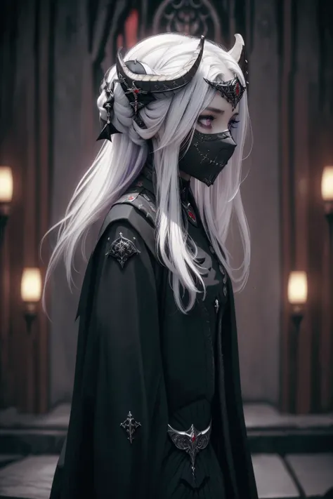 <lora:edelgard-nvwls-v1-final:0.9> 1girl, solo, edelgard_timeskip, crown, horns, red dress, red gloves, black boots, white hair, (pale purple irises, perfect eyes, pupils, 23 year old girl,
upper body portrait, side portrait, serious expression, standing, perfect posture, dark, solemn, poised posture, stark, black catherdral, stoic, pale, throne, sacred, reverent), cinematic, dlsr, sharp
<lora:Gothpunk:0.8> (Goth_punk, emo, goth, punk) side view, black, black piercings, (black face mask), forehead emblem, elegant, intricate detail, ornate black accessories, red accents, gold accents, Masterpiece, high quality, 8k, sharp focus, beautiful, perfect lighting, beautiful eyes, anatomically correct, anatomically correct face, extremely detailed eyes, RAW image, smooth edges, beautiful face, symmetrical eyes, symmetrical face