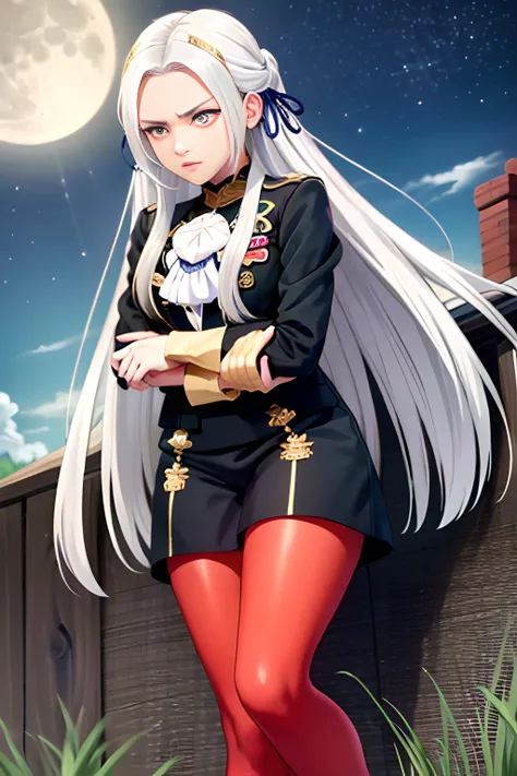 <lora:edelgard-nvwls-v1-final:0.9>,photo of edelgard_academy, hair ribbon, black jacket, black dress, ascot, red pantyhose, white gloves, high heels, dynamic pose, battlefield, moonligth, full moon, clothed, corneo_covering_breasts_arms_crossed, (((anime))),masterpiece, best quality, intricate details, 8k uhd, perfect face, perfect eyes, <lora:LookingDisgusted_V1:0.3>, ((looking disgusted)),very angry,disappointed