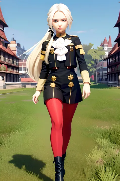 <lora:edelgard-nvwls-v1-final:0.9>,photo of edelgard_academy, hair ribbon, black jacket, black dress, ascot, red pantyhose, white gloves, high heels, walking on battlefield, moonligth, full moon, young, teen, (skinny), small , ite, 1 girl, (((3d, video game))),masterpiece, best quality, intricate details, 8k uhd, perfect face, perfect eyes