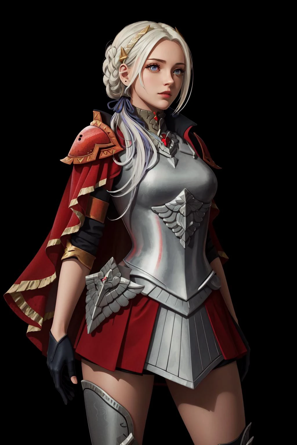 (masterpiece, best quality), intricate details, 8k, artstation, wallpaper, official art, splash art, sharp focus,
1girl, <lora:edelgard-nvwls-v1-final:0.8> edelgard_hopes, hair ribbon, hair ornament, armor, red cape, armored skirt, black gloves, armored legwear,
<lora:hipoly_3dcg_v7-epoch-000012:0.4> <lora:sxz-concept:0.8> c0nc3pt, black background, simple background,