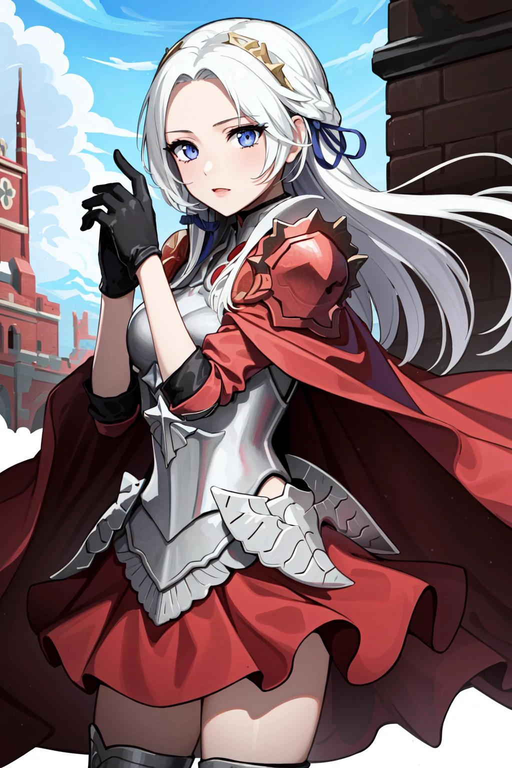 (masterpiece, best quality), intricate details, 8k, artstation, wallpaper, official art, splash art, sharp focus,
1girl, <lora:edelgard-nvwls-v1-final:0.8> edelgard_hopes, hair ribbon, hair ornament, armor, red cape, armored skirt, black gloves, armored legwear,
<lora:hipoly_3dcg_v7-epoch-000012:0.4>