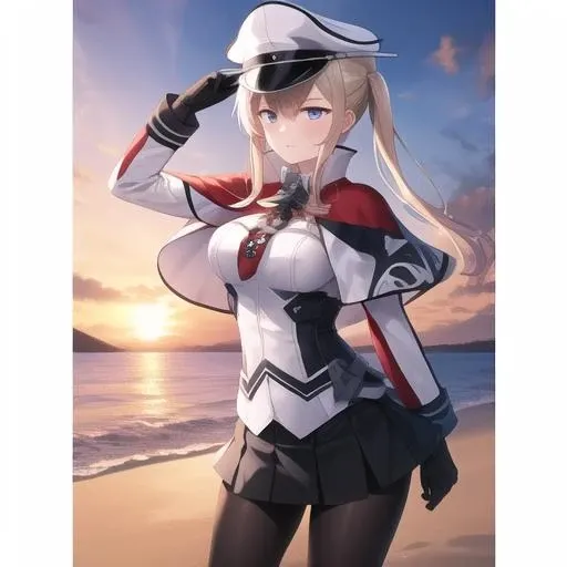 masterpiece, highres, best quaility, 1girl, graf zeppelin, uniform, machinery, capelet, hat, city landscape, beach, nicktie <lora:Graf_v29C:1>