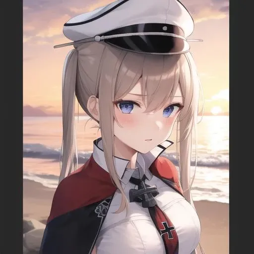(masterpiece, best quality:1.2),illustration,8k,hd,beautiful purple sunset at beach,1girl,solo,upper body,(portrait:1.2),blonde_hair,twintails,long_hair,sidelocks,hair_between_eyes,large_breasts,capelet,blue_eyes,peaked_cap,necktie,miniskirt,iron_cross,black_gloves,long_sleeves,military_uniform,military_hat,black_pantyhose,pleated_skirt,grey_eyes,black_skirt,jacket,<lora:Graf Zeppelin(kan)>,