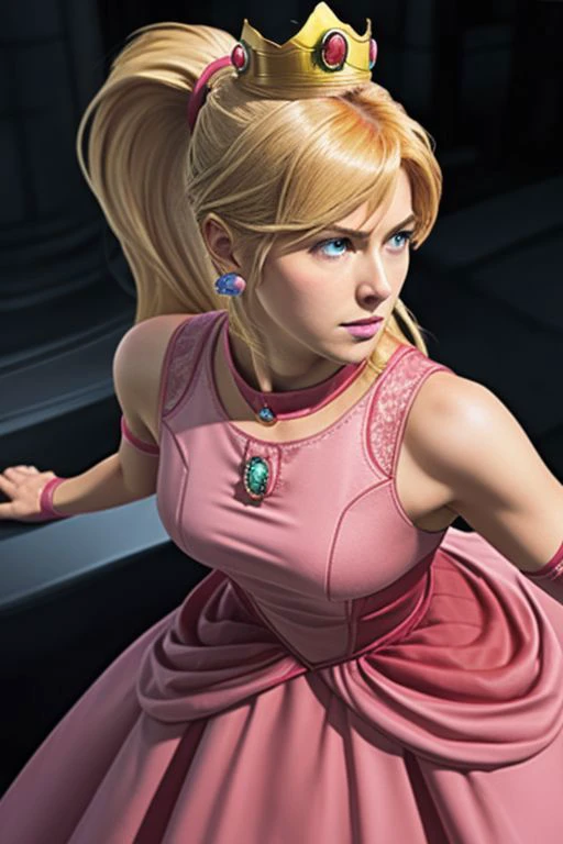 masterpiece, best quality, (samus aran) dressed in (pink peachdress), (ponytail, hair tie), (puffy short sleeves, jewelry, dress, princess crown), (perfect face, beautiful face, symmetric face)