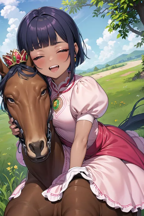 best quality, ultra-detailed, (1girl, solo, <lyco:princess_peach_dress_outfit-v1:1>,peachdress, puffy short sleeves, jewelry,dress, dark skin , hair over eyes, covered eyes, blunt bangs, giggling, comb over hair ), riding a horse