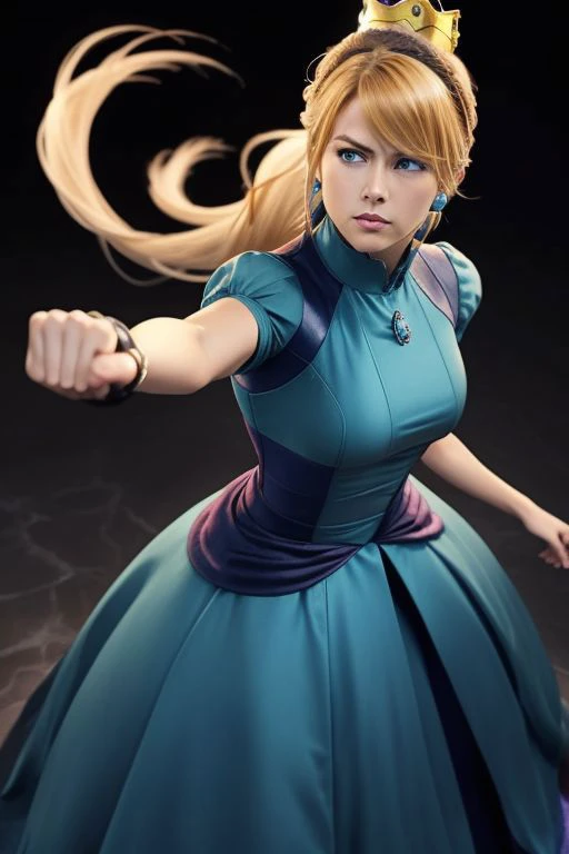 (samus aran) dressed in (blue peachdress), (ponytail, hair tie), (puffy short sleeves, jewelry, dress, princess crown), masterpiece, best quality, (perfect face, beautiful face, symmetric face), fist