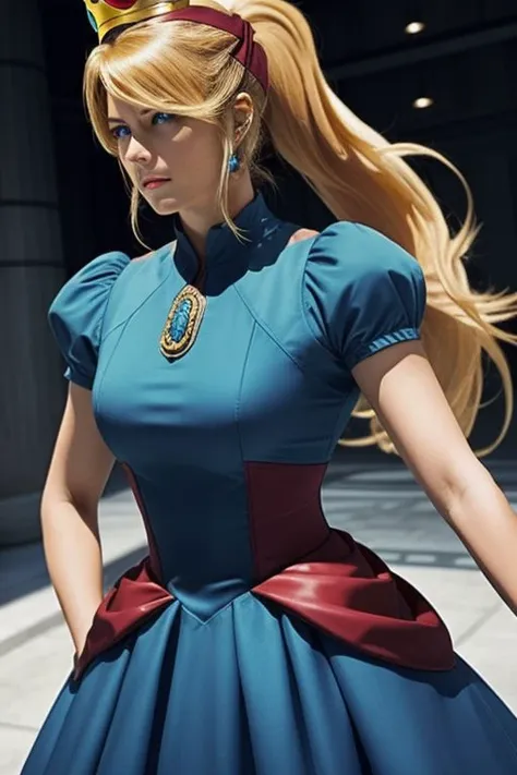 (samus aran) dressed in (blue peachdress), (ponytail, hair tie), (puffy short sleeves, jewelry, dress, princess crown), masterpiece, best quality, (perfect face, beautiful face, symmetric face)