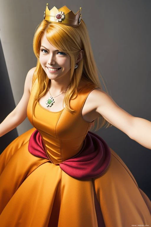 (samus aran) dressed in (puffy orange daisydress), (long straight blonde hair, smile), (puffy short sleeves, jewelry, dress, princess crown), masterpiece, best quality, (perfect face, beautiful face, symmetric face)