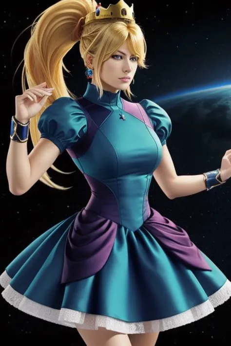 (samus aran) dressed in (blue peachdress), (ponytail, hair tie), (puffy short sleeves, jewelry, dress, princess crown),