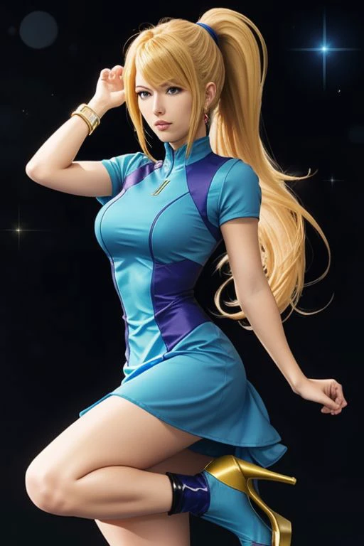 (samus aran) dressed in (blue peachdress), (ponytail, hair tie, high heels), (puffy short sleeves, jewelry, dress),