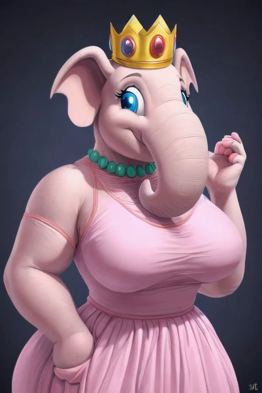 (8k, RAW photo, best quality, masterpiece:1.2) , elephante, <lora:Elephante:0.70>, pink skin, blue eyes, peachdress, crown, large woman