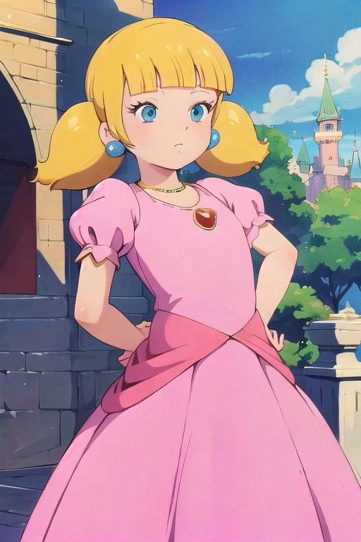 masterpiece, best quality, 1girl, penny, blonde hair, twintails, blunt bangs, flat chest, from below, <lora:Penny:1>, hands behind back, peachdress, puffy short sleeves, jewelry,dress, castle background