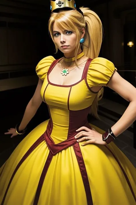 (samus aran) dressed in (puffy yellow daisydress), (ponytail, hair tie), (puffy short sleeves, jewelry, dress, princess crown), masterpiece, best quality, (perfect face, beautiful face, symmetric face)