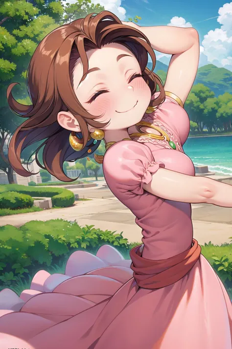 best quality, ultra-detailed, (1girl, solo, <lyco:princess_peach_dress_outfit-v1:1>,peachdress, puffy short sleeves, jewelry,dress, , hair_pulled_back, closed eyes smile:1.2, conk hair ), in the land before time
