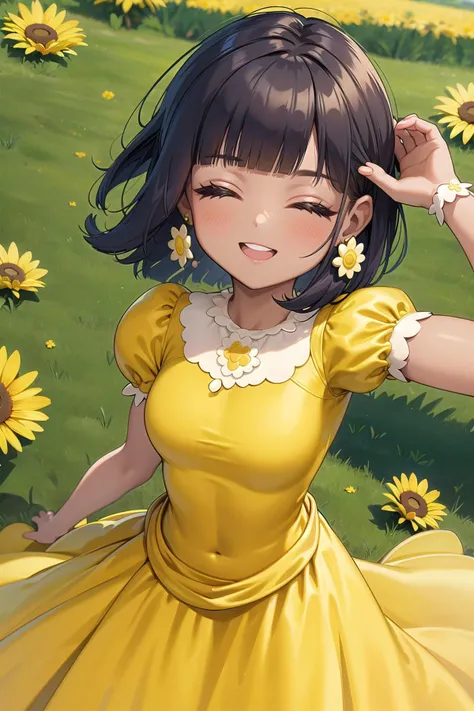 best quality, ultra-detailed, (1girl, solo, <lyco:princess_peach_dress_outfit-v1:1>,daisydress, yellow dress, puffy short sleeves, jewelry,dress,  dark skin , hair over eyes, covered eyes, blunt bangs,  smile , dido flip hair , ), in a meadow