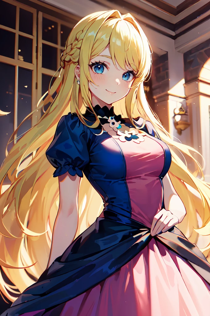 ultra detailed, masterpiece, best quality, solo, light smile,
1girl, blue eyes, (very long hair, blonde hair, long blonde hair:1.3), french braid, bangs, medium breasts,
<lora:princess_peach_dress_outfit-base-anylora-v1-1-1-000017_1_BiiIIMoOOo_WOF:1> peachdress, daisydress, puffy short sleeves, jewelry, dress, blue dress,